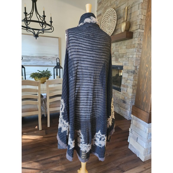 Fleur De Lis Knit Vest Cardigan Sleeveless Open Front Black Floral Small Boho‎ - Picture 6 of 10